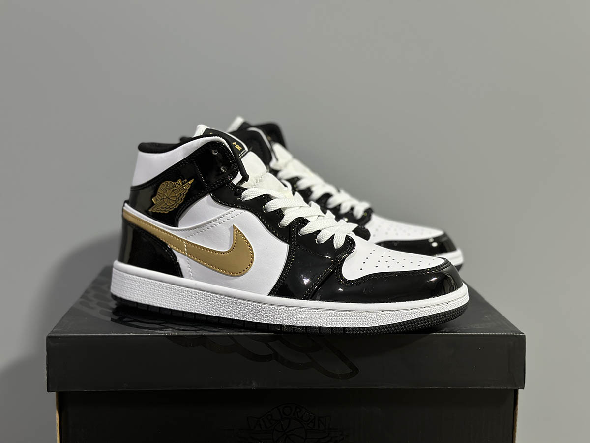 Air Jordan 1 Mid Patent Black White Gold