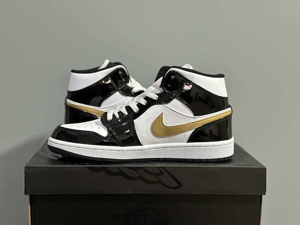 Air Jordan 1 Mid Patent Black White Gold